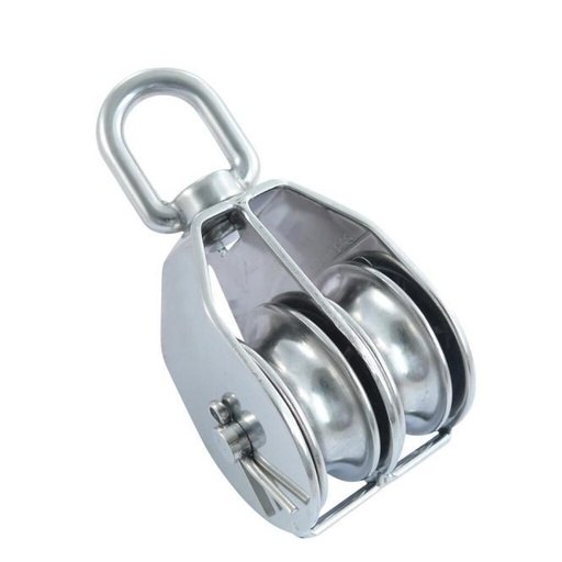  DOPPIO BLOCCO DI CORDA CON OCCHIO GIREVOLE, RULLO RIMOVIBILE - ACCIAIO INOX A2/OTTONE